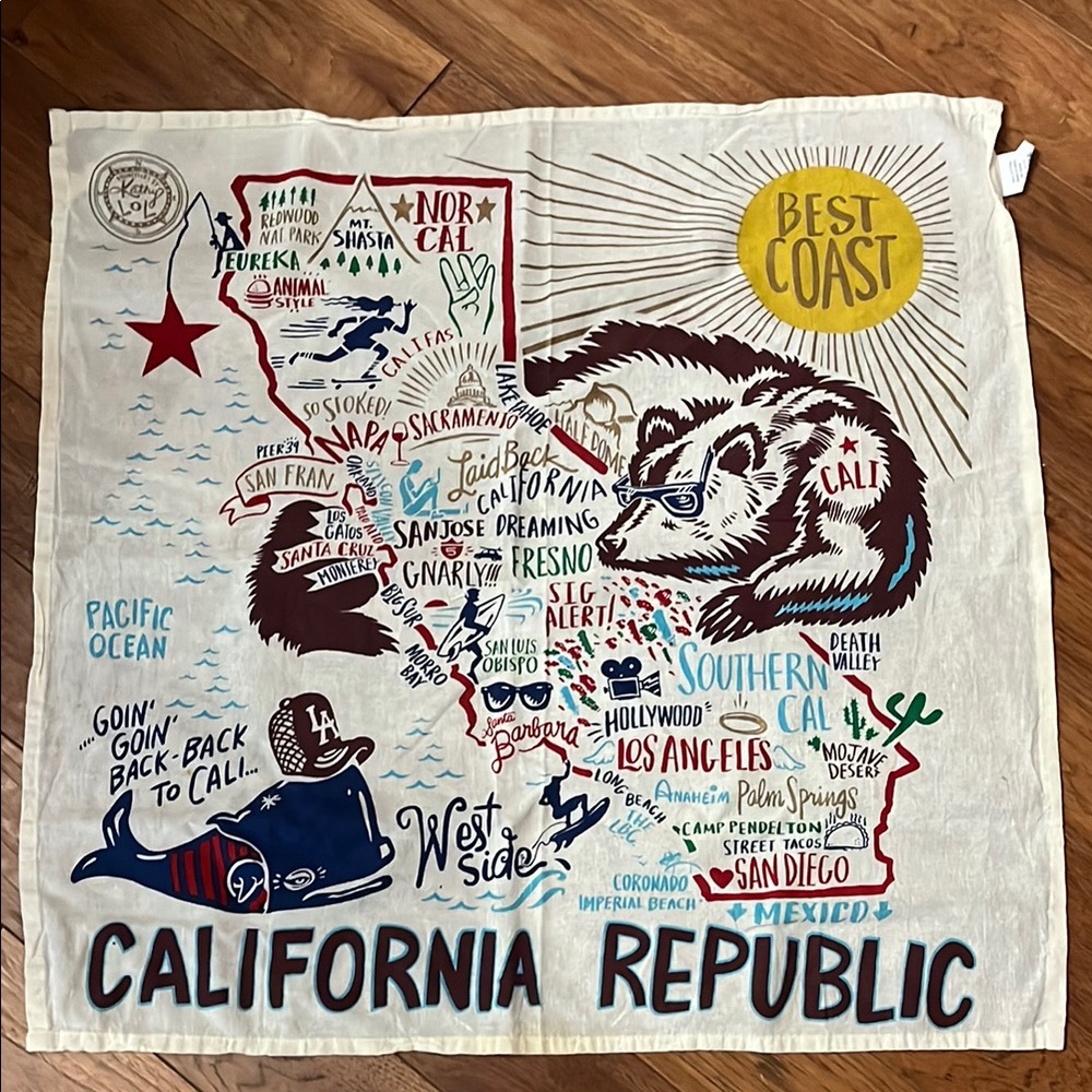 California Tea Towel Primitives By Kathy LOL With Tags 28" Square 100% Cotton
